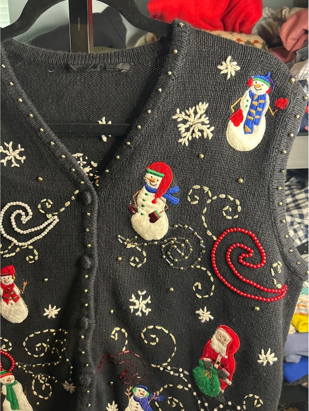 Vintage Black Christmas Sweater Vest with Snowman and Santa Embroidery